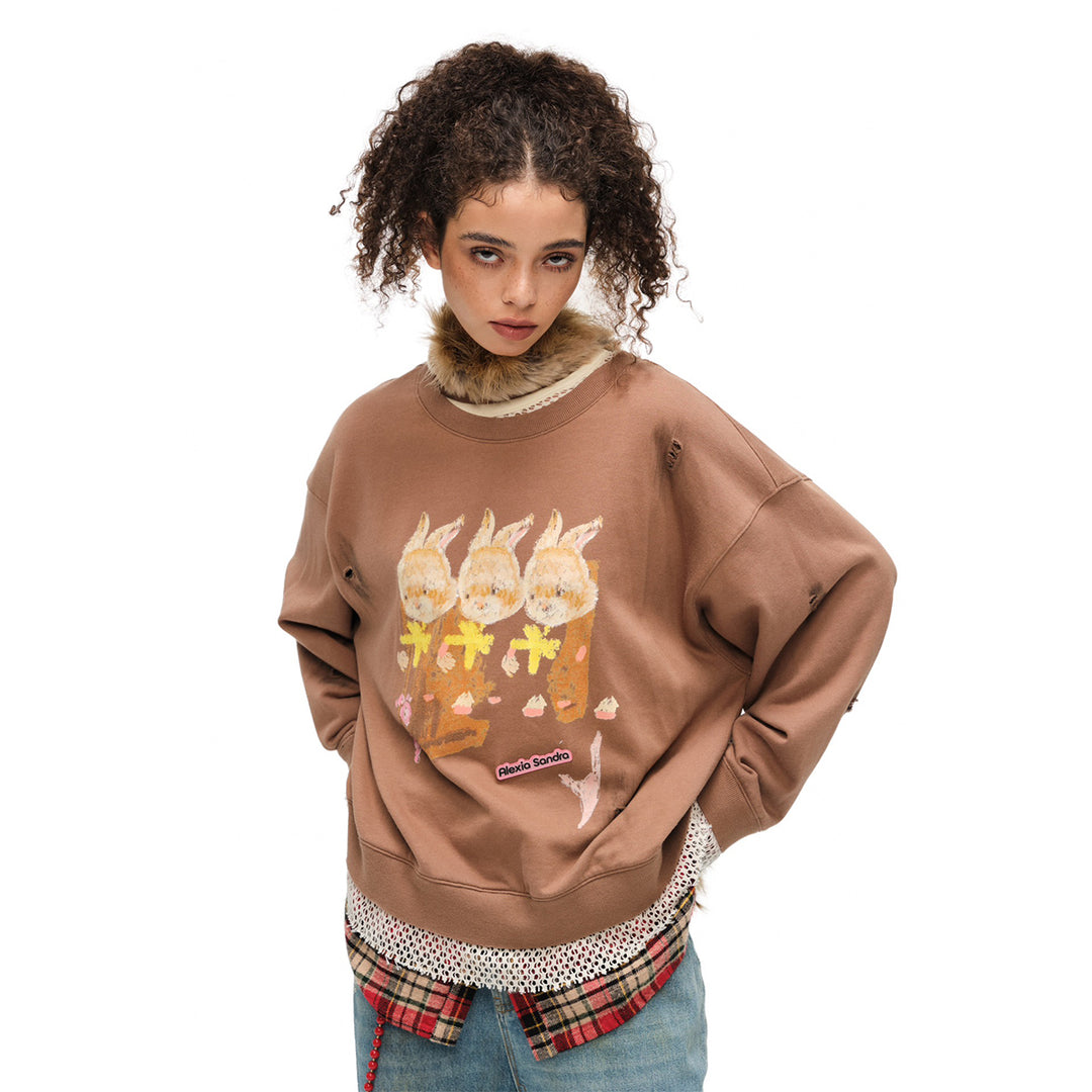 Alexia Sandra Three Rabbit Printed Fake-2-Piece Distressed Sweater Brown