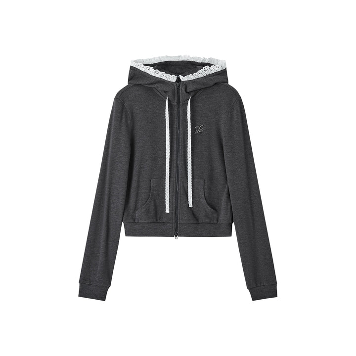 SomeSowe Lace Edge Slim Zip Up Hoodie Gray