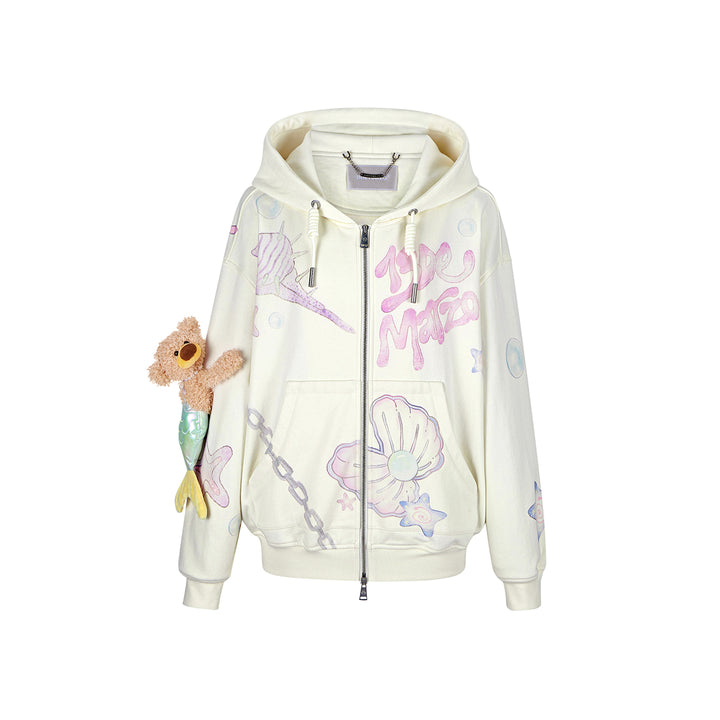 13De Marzo Plush Bear Graffiti Zip Up Hoodie Beige