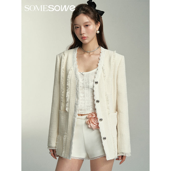 SomeSowe Lace Edge V-Neck Tassel Blazer White