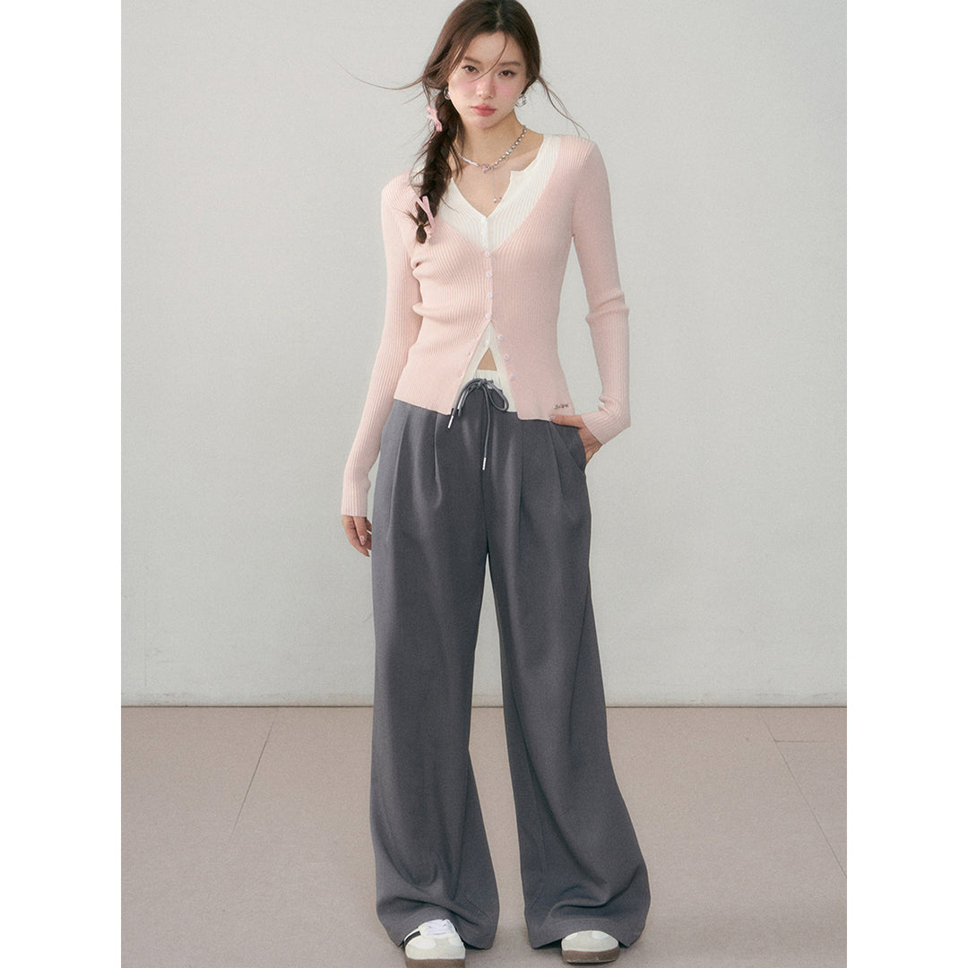 AsGony Panelled Elastic-Waisted Draped Suit Pants Gray
