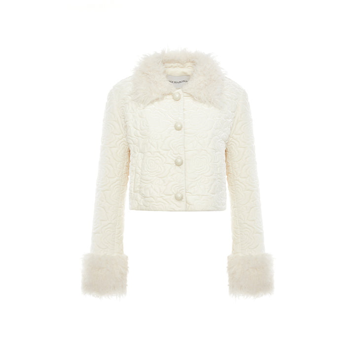 Rocha Roma Floral Velvet Fur Collar Padded Jacket White