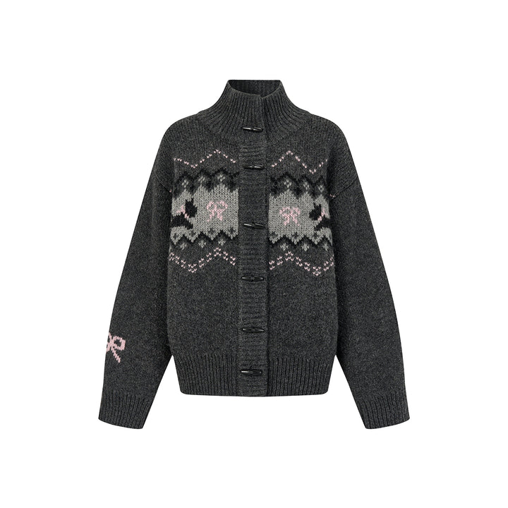 Via Pitti Fair Isle Puppy Loose Knit Cardigan Dark Gray