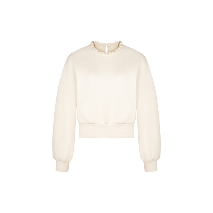 Three Quarters Pearl Collar Crew Neck Sweater White - Mores Studio