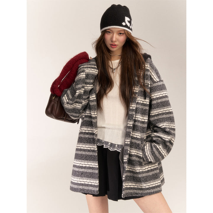 AsGony Striped Hooded Thicken Mid-Length Coat