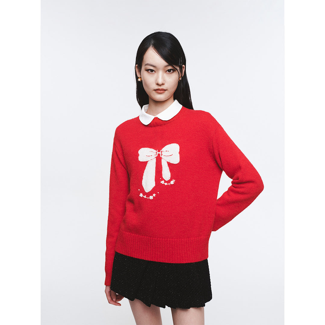 Herlian Contrast Color Bow Knitted Sweater Red