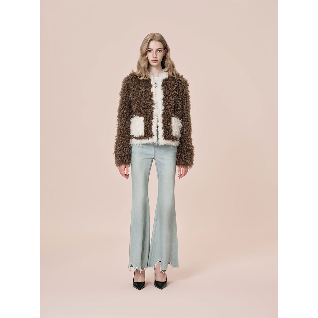 Rocha Roma Color Blocked Curly Fur Jacket Brown