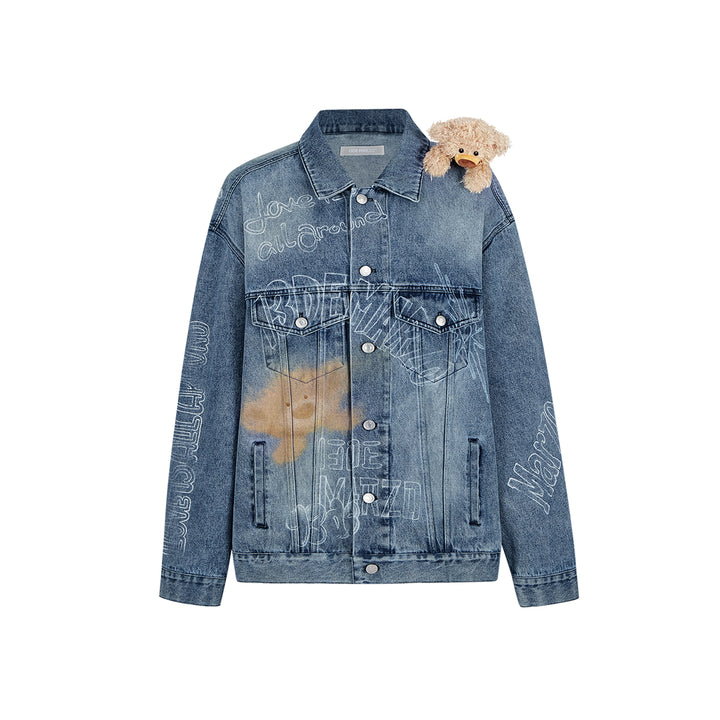 13De Marzo Full Graffiti Retro Washed Denim Jacket Blue