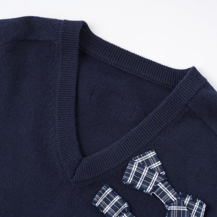 SomeSowe Plaid Bow V-Neck Knit Sweater Navy Blue