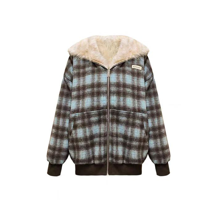 AsGony Reversible Retro Plaid Fleece Padded Jacket Blue