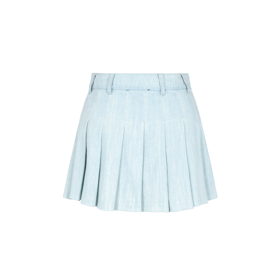 Three Quarters Pleated Denim Skirt Blue - Mores Studio