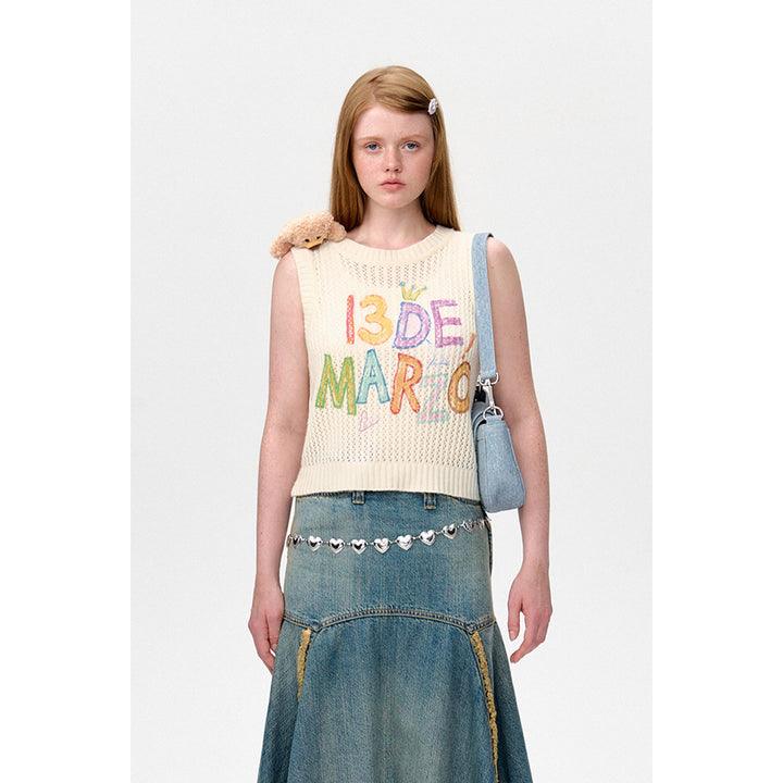 13De Marzo Bear Crayon Logo Hollow Out Knit Vest