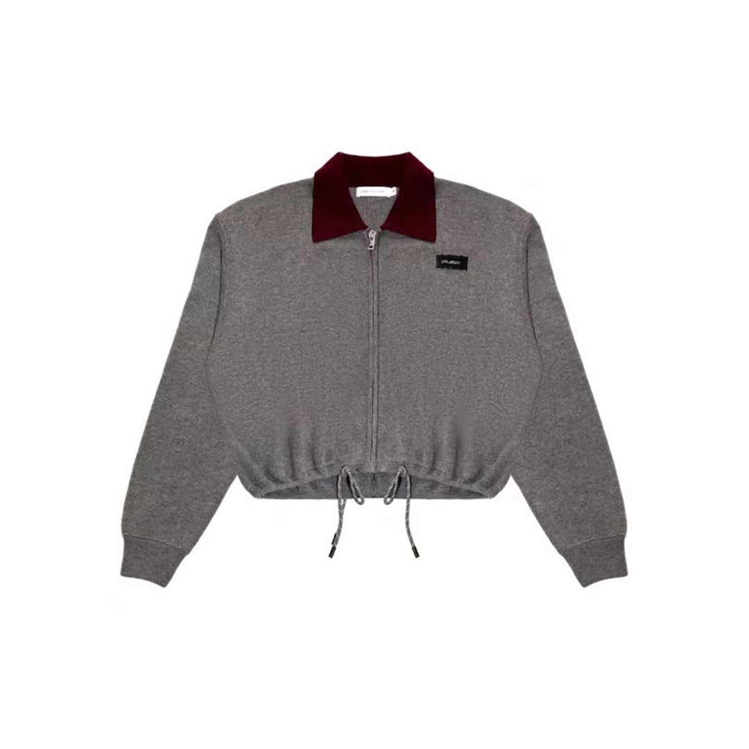 AsGony Contrast Color Drawstring Polo Knit Cardigan Gray