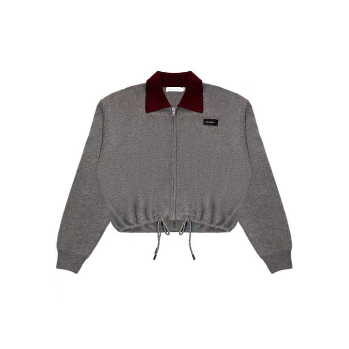 AsGony Contrast Color Drawstring Polo Knit Cardigan Gray