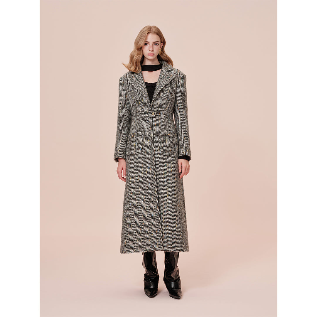 Rocha Roma Colored Dots Plaid Lapel Tweed Long Coat