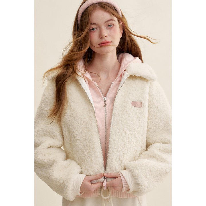 Kroche Lapel Double Zipper Woolen Fleece Jacket White