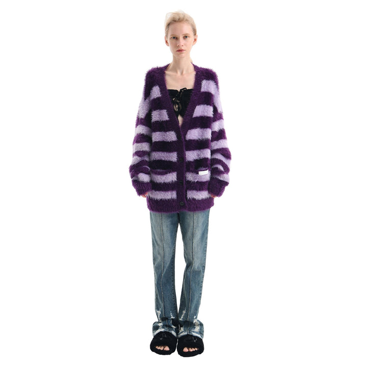 Ann Andelman Color Blocked Striped Woolen Cardigan Purple - Mores Studio