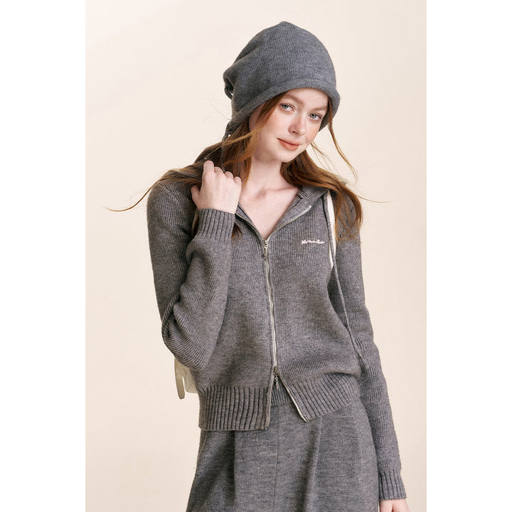 Kroche Blended Woolen Double Zipper Knit Hoodie Gray