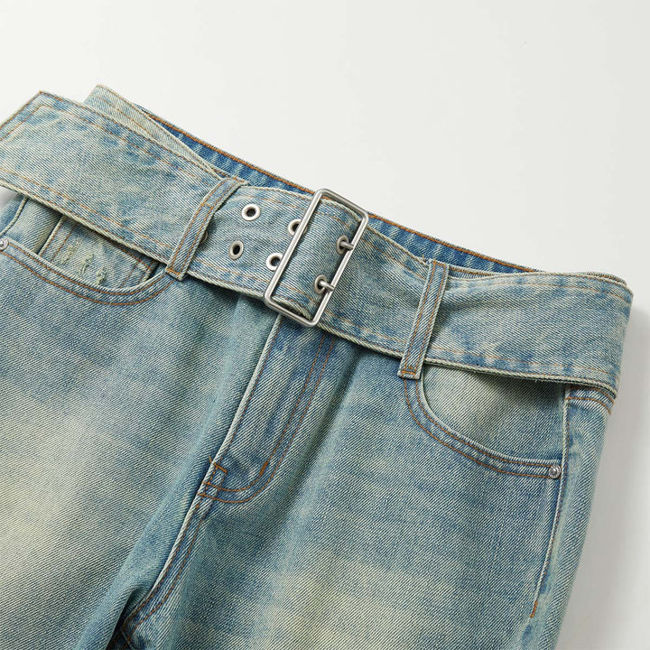 Three Quarters Distressed Washed Belt Flare Jeans Blue