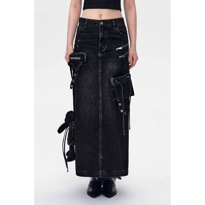 13De Marzo Bear Zipper Denim Cargo Long Skirt Black