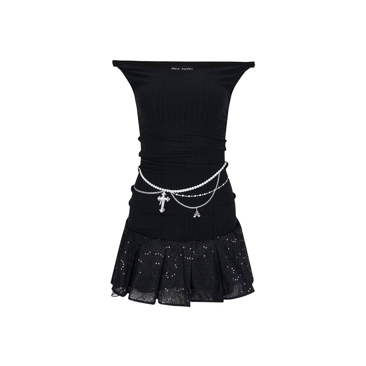Via Pitti Pearl Chain Sequin Patchwork Dress Black