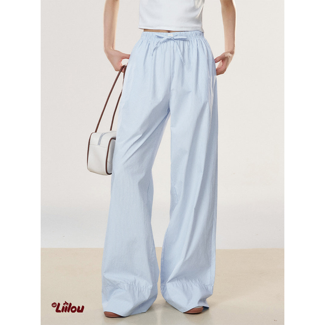 Liilou Vertical Striped Wide-Leg Casual Pants Blue