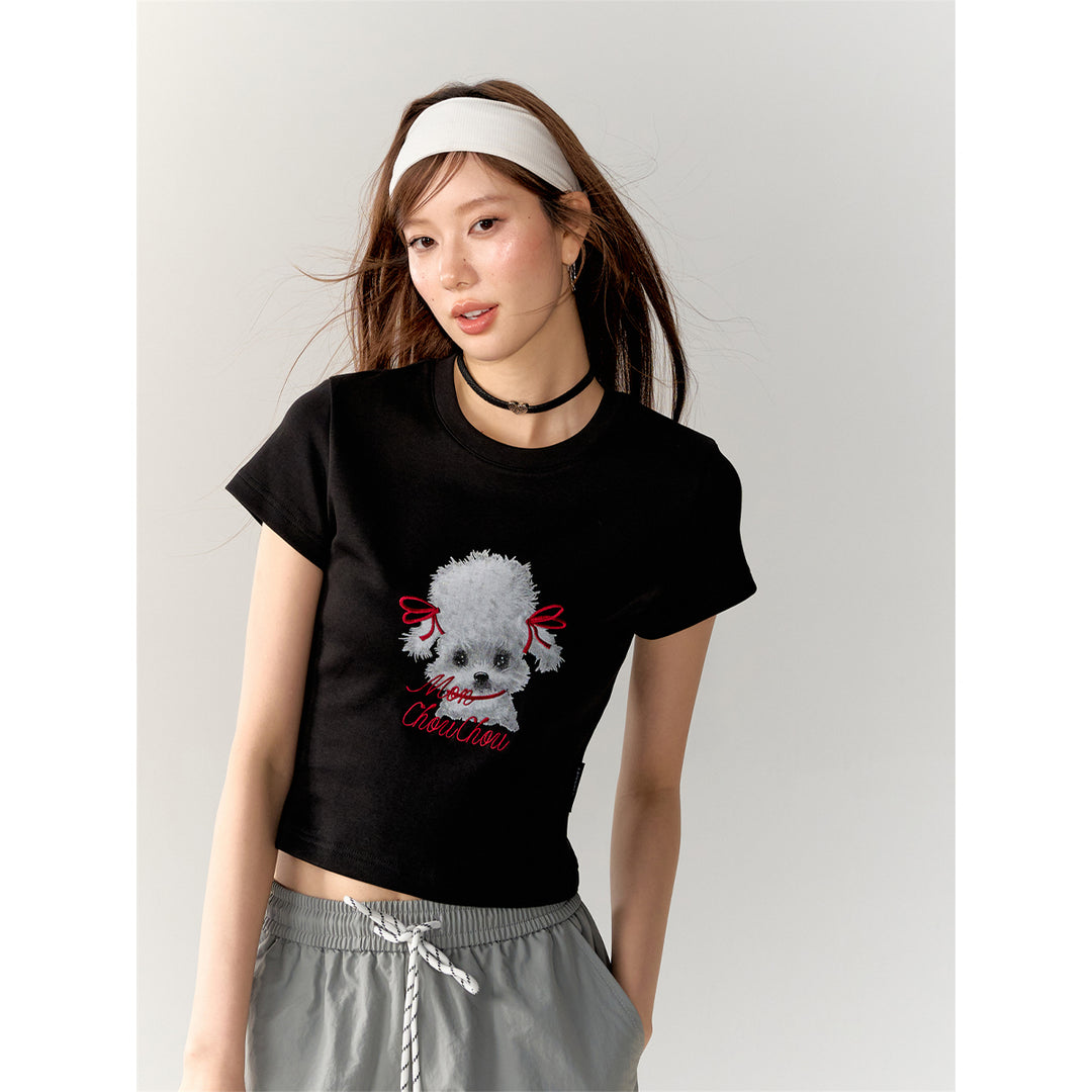 AsGony Puppy Printed Embroidery Slim T-Shirt