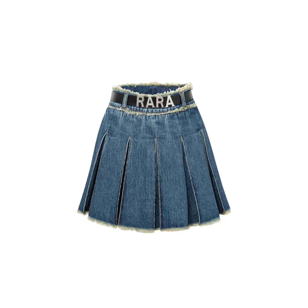 Rocha Roma "RARA" Logo Pleated Denim Skirt Blue - Mores Studio
