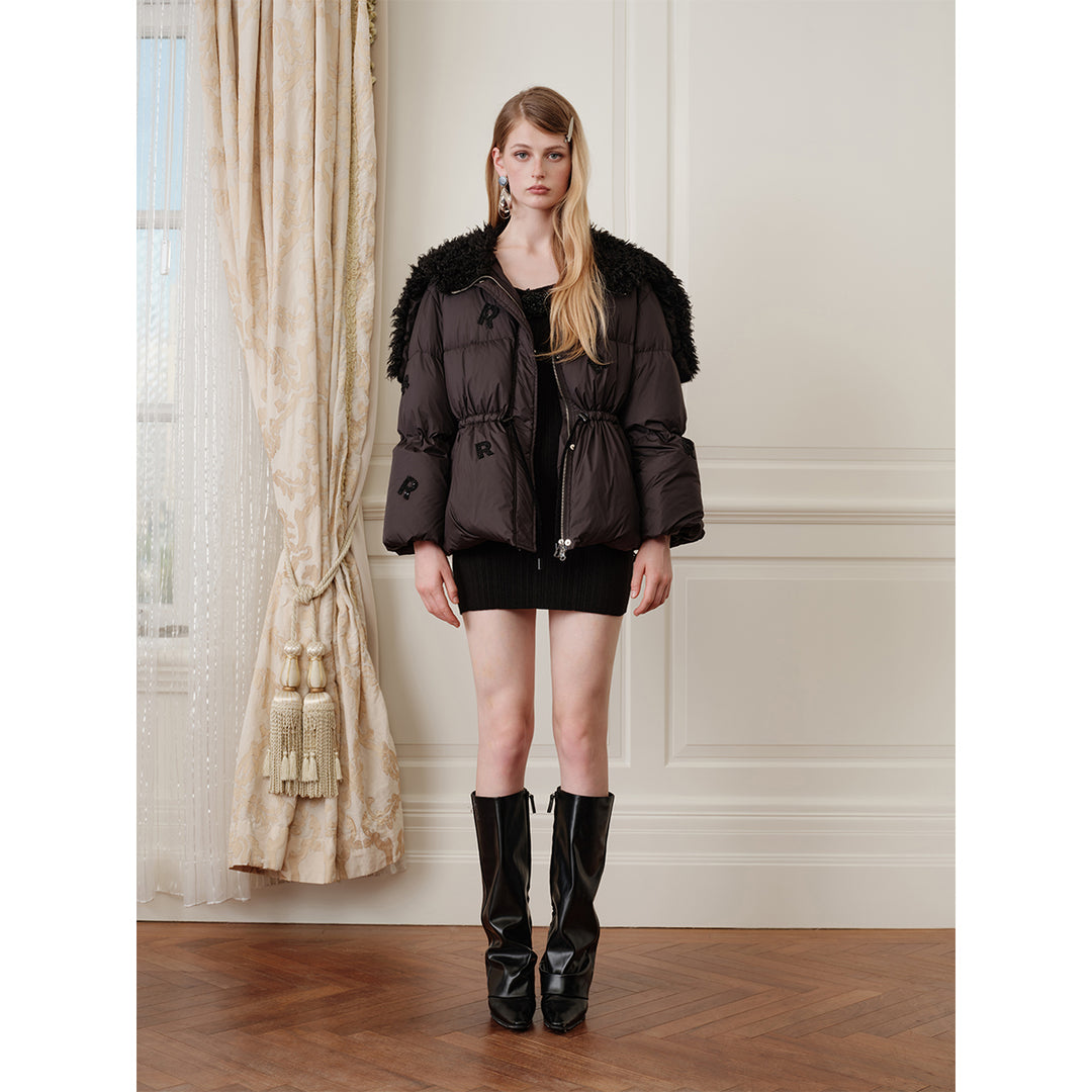 Rocha Roma Fur Collar Patch Down Jacket Black