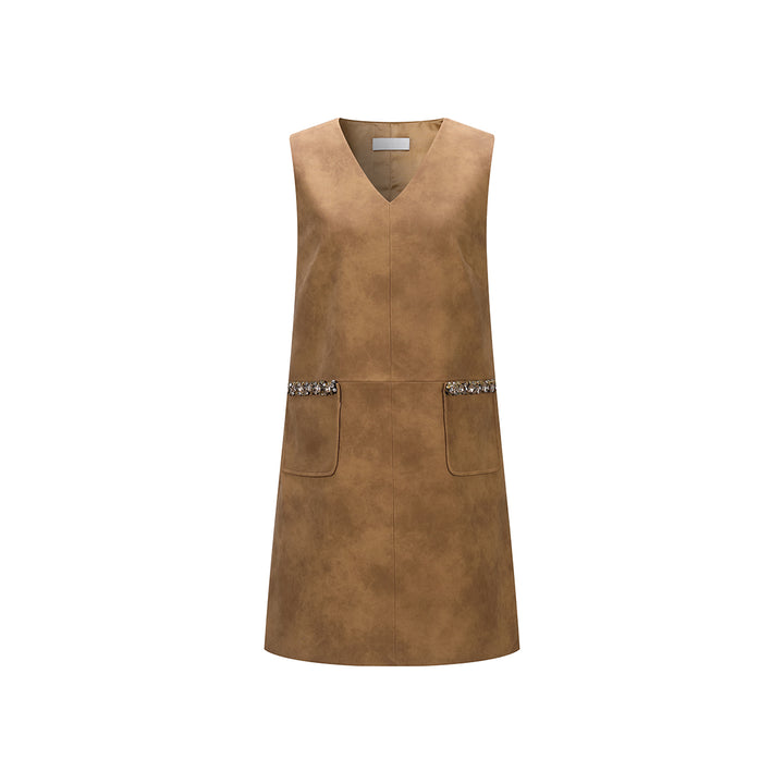 Three Quarter Hand Beaded V-Neck Sleeveless Leather Dress