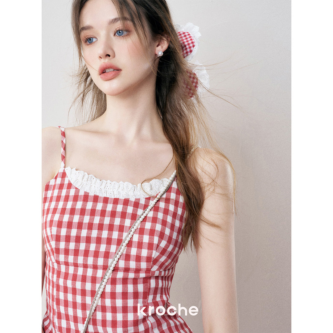 Kroche Plaid Lace Edge Patchwork Vest Red