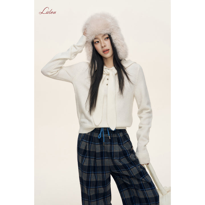 Liilou Shawl Hooded Woolen Knit Sweater White