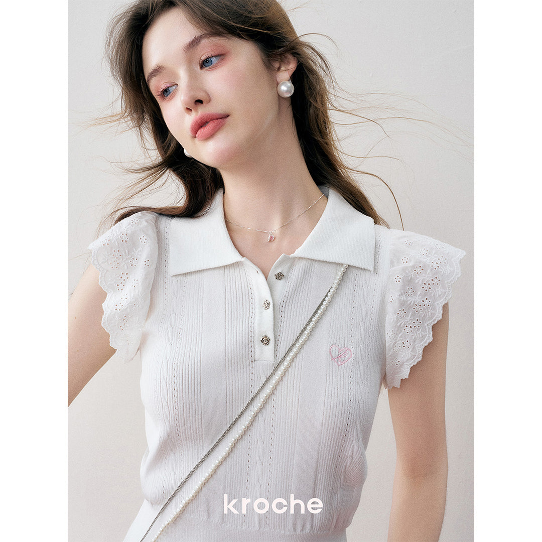 Kroche Lace Patchwork Embroidery Knit Top White