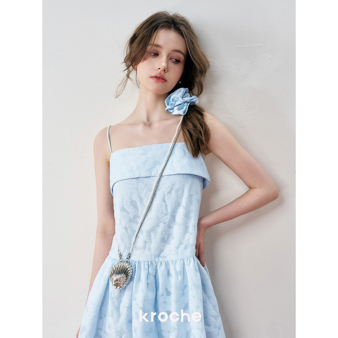 Kroche French Jacquard Halter Long Dress Blue
