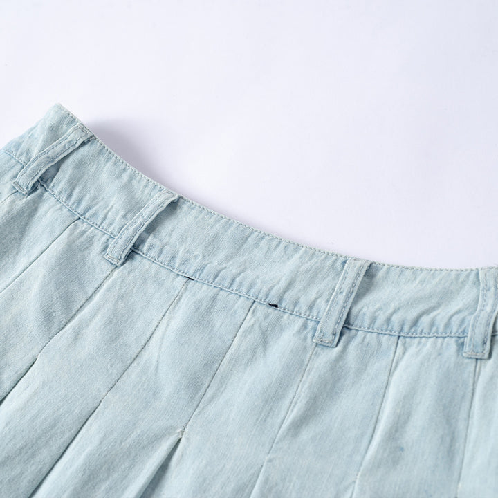 Three Quarters Pleated Denim Skirt Blue - Mores Studio