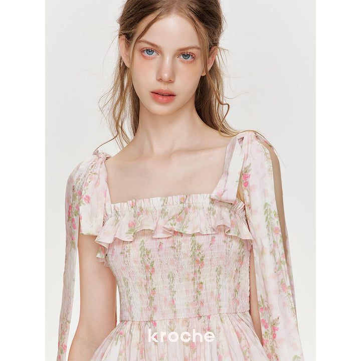 Kroche Floral Lace Up Tiered Halter Dress