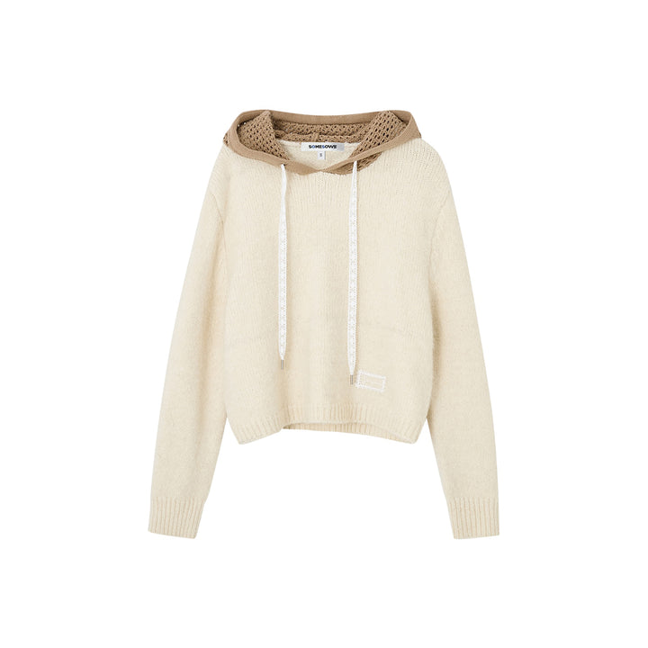 SomeSowe Hollow Out Hooded Knit Sweater Beige