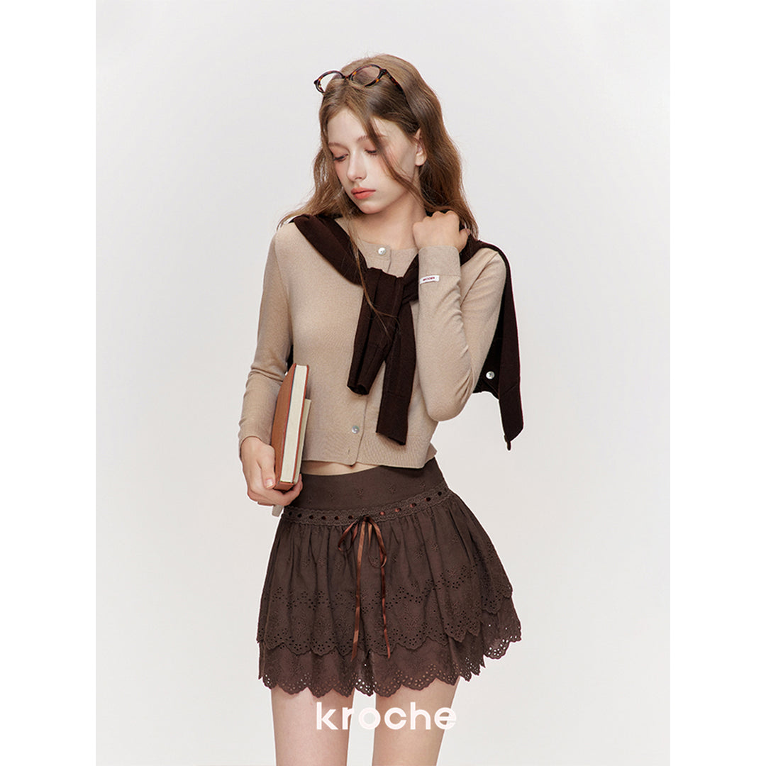 Kroche Hollow Out Ribbon Bow Embroidery Lace Skirt