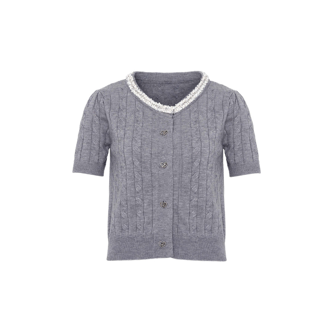 Kroche Pearl Collar Woolen Short Sleeved Cardigan Grey