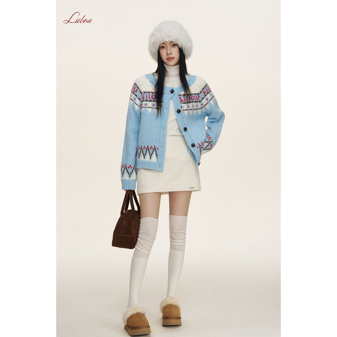 Liilou Fair Isle Jacquard Woolen Knit Cardigan Blue