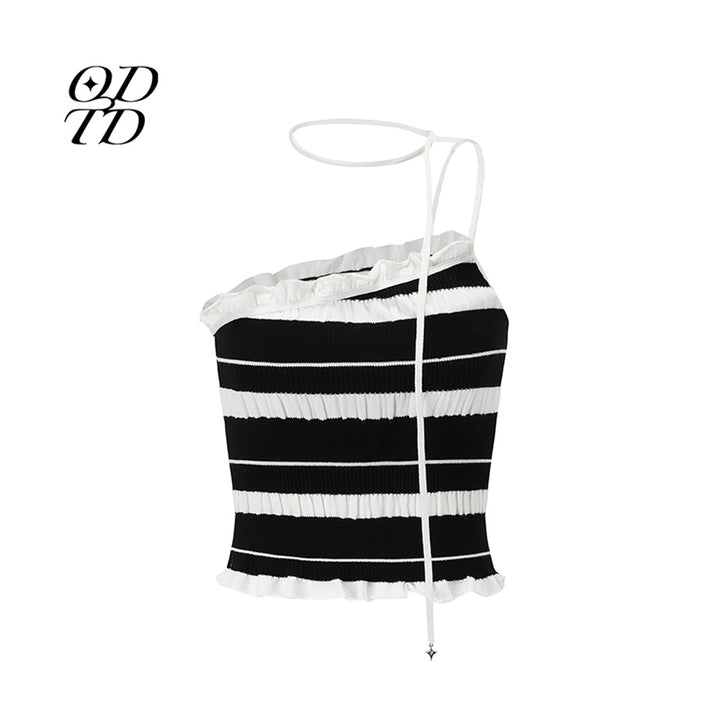 ODTD Off-Shoulder Halterneck Striped Knitted Vest Black