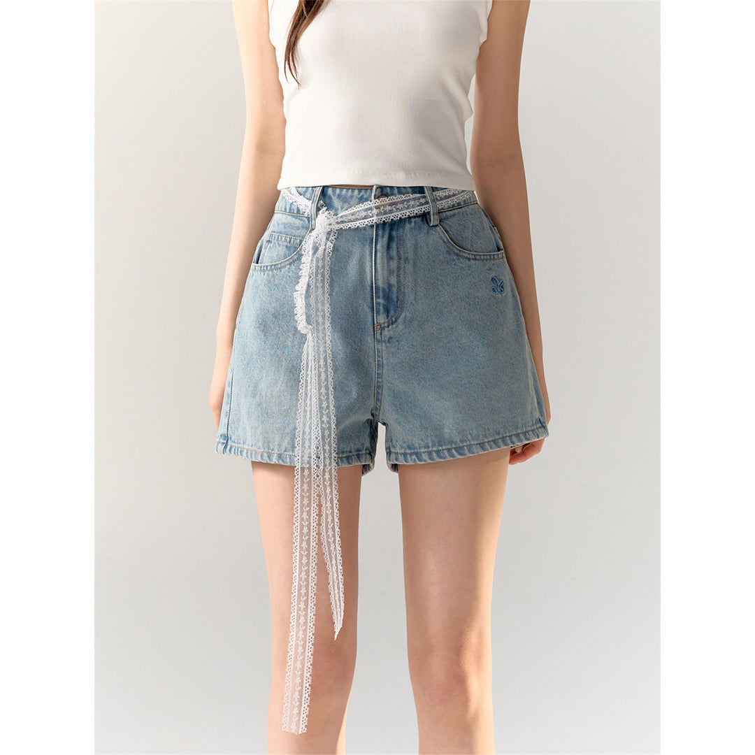 AsGony Bow Tie Embroidered Denim Shorts