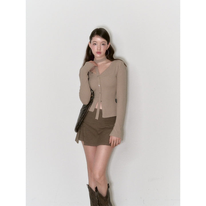 Via Pitti Irregular Ribbon Diagonal Shoulder Button Top Khaki