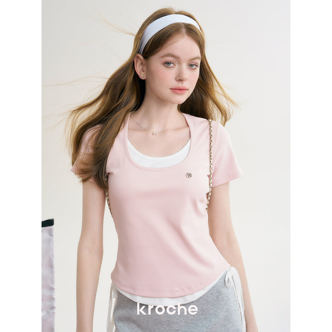 Kroche Fake-2-Piece Slim Fit Short Sleeved Top Pink