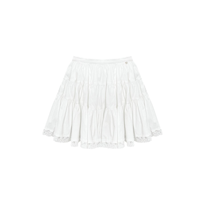 AsGony Lace Edge High Waist Puffy Skirt White