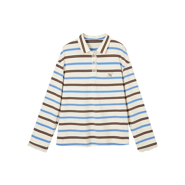 SomeSowe Lace Patchwork Striped Polo Long Sleeve T-Shirt