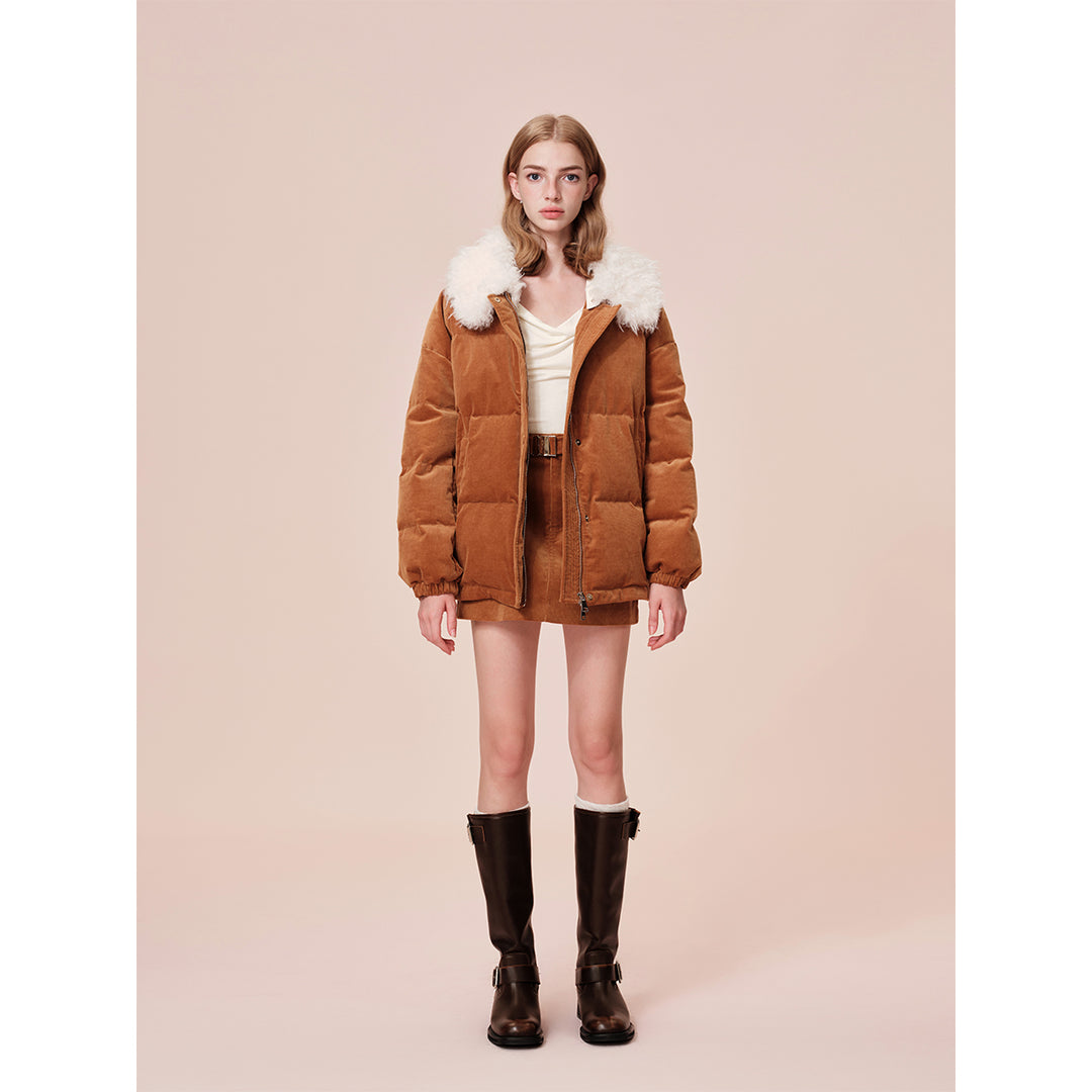 Rocha Roma Fur Lapel Corduroy Down Jacket Khaki