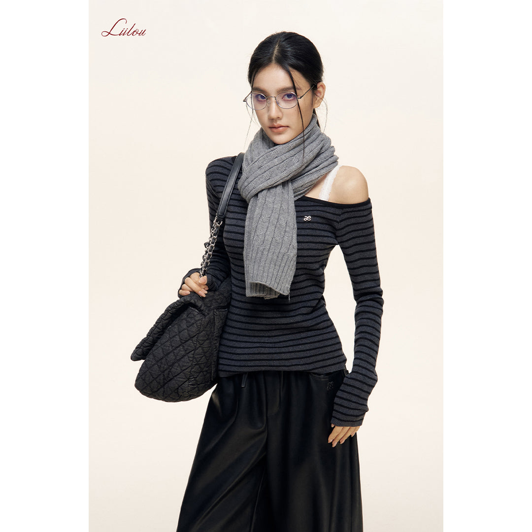 Liilou Diagonal Off-Shoulder Striped Knit Top