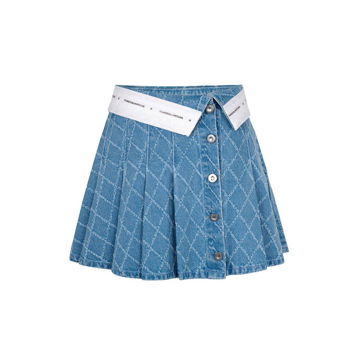 Three Quarters Checkered Flip Edge Pleated Denim Skirt - GirlFork