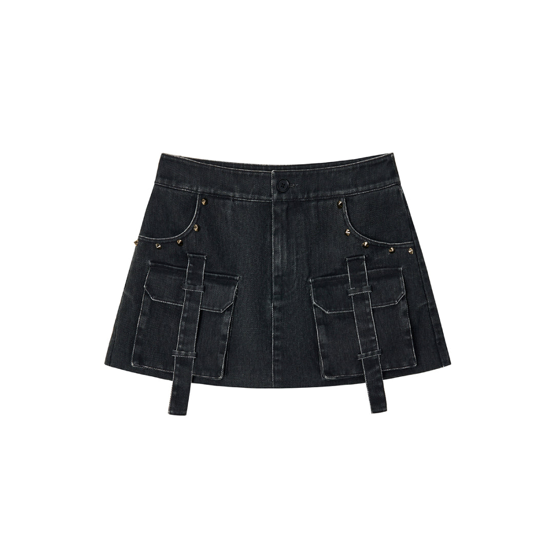 Via Pitti Washed Denim Cargo Skirt Shorts Black
